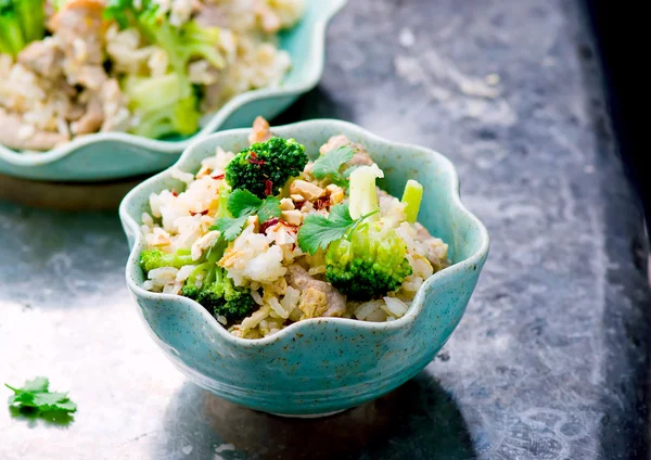 Riz frit avec porc, légumes et œufs . — Photo