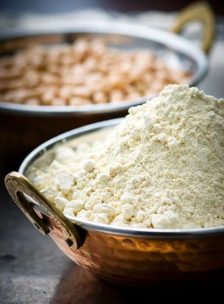 Flour from chick-pea in the Indian copper bowl — Stock Photo, Image