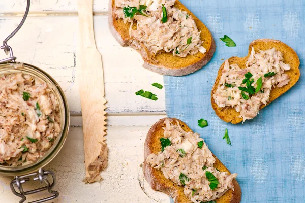A mackerel paste on toasts from fried bread — Stock Photo, Image