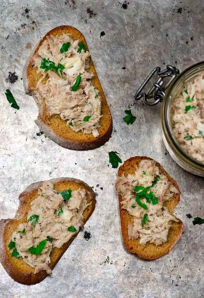 A mackerel paste on toasts from fried bread — Stock Photo, Image