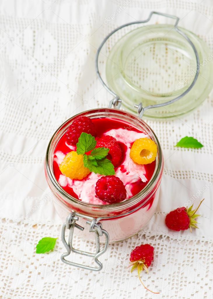 dessert with cottage cheese and raspberry. 