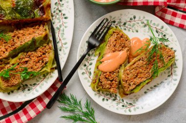 Fırında lahana rulosu, kıyma, ekşi krema ve domates sosu, veiw sosu. seçici odak