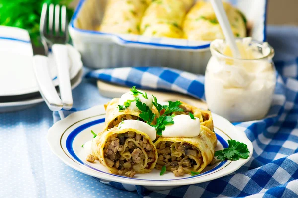 Crêpes à la viande hachée et aux champignons — Photo