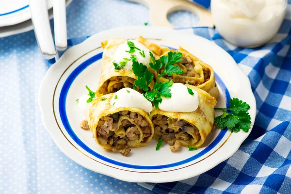 Pannenkoeken met gemalen vlees en paddenstoelen — Stockfoto