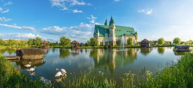 Pembe flamingolar, gün batımının altında, bir peyzaj parkında..