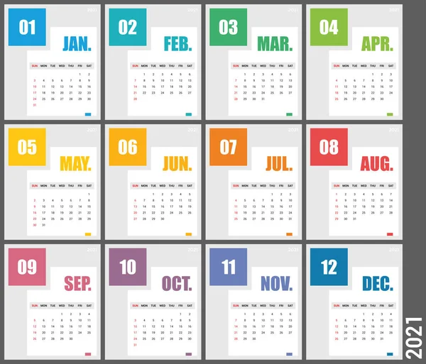 Kalender 2021 Vector Ontwerp Template Eenvoudige Blanco Kalender Illustratie Schone — Stockvector