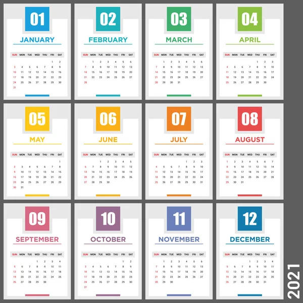 カレンダー2021ベクターデザインテンプレート シンプルなブランクカレンダーイラスト きれいに最小限のスタイル 印刷のためのカラフルなレイアウトテンプレート 週は日曜日に始まります 十二月のセット — ストックベクタ