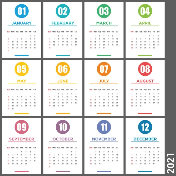 Calendario 2021 Plantilla Diseño Vectorial Ilustración Simple Del Calendario Blanco — Vector de stock