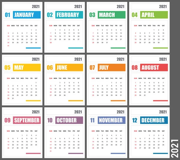 カレンダー2021ベクターデザインテンプレート シンプルなブランクカレンダーイラスト きれいに最小限のスタイル 印刷のためのカラフルなレイアウトテンプレート 週は日曜日に始まります 十二月のセット — ストックベクタ