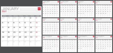 Takvim 2021 vektör ayrıştırma şablonu. Aylık planlayıcı.