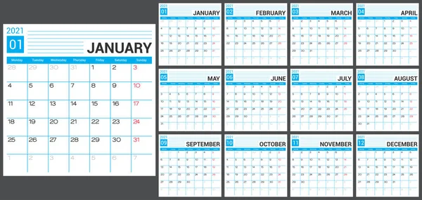 Kalender 2021 Vector Ontwerp Template Maandelijkse Planner — Stockvector