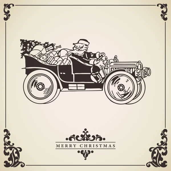 Papá Noel conduciendo un coche. Tarjeta de Navidad . — Vector de stock