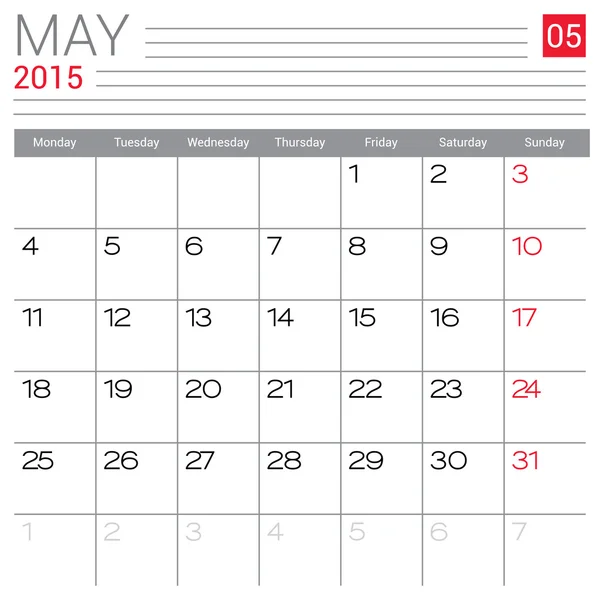 Calendrier mai 2015 — Image vectorielle