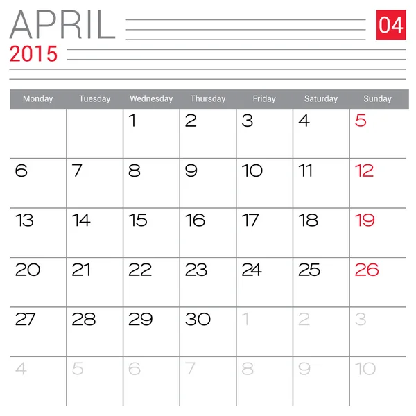 Abril 2015 Calendario — Vector de stock