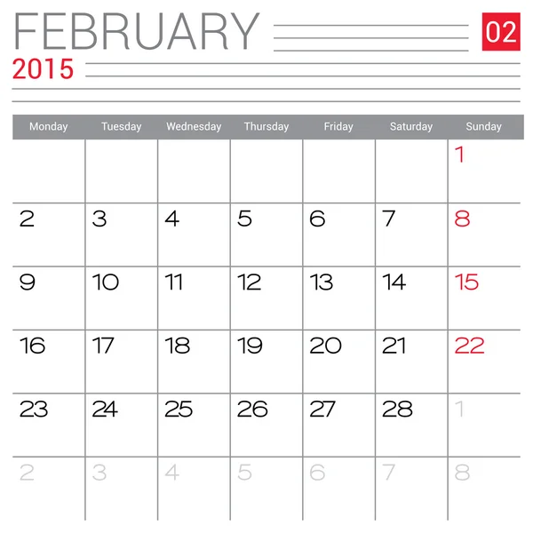 Calendario febrero 2015 — Vector de stock