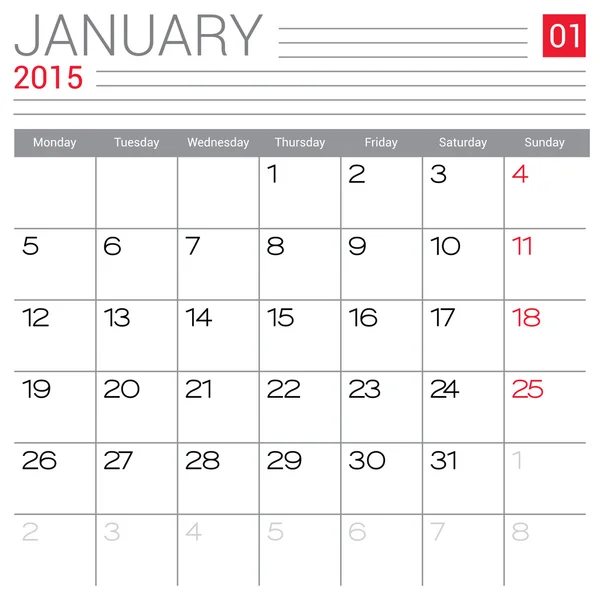 Январь 2015 Календарь — стоковый вектор