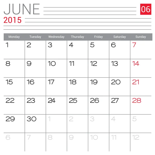 Kalender Juni 2015 — Stockvektor