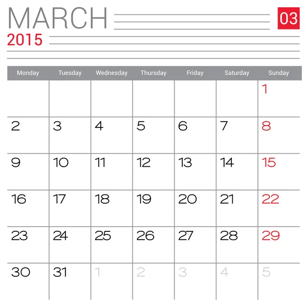 Mars 2015 Calendrier — Image vectorielle