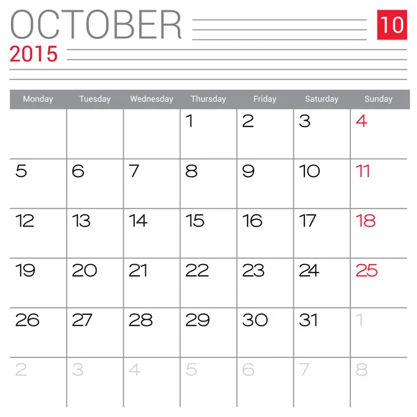 Octubre 2015 Calendario — Vector de stock