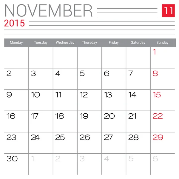 Novembre 2015 calendario — Vettoriale Stock