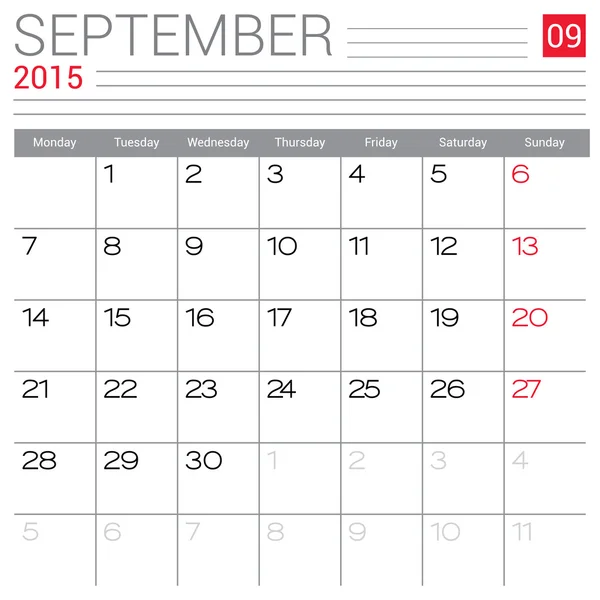 Setembro 2015 Calendário — Vetor de Stock