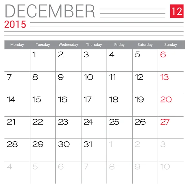 Dicembre 2015 Calendario — Vettoriale Stock