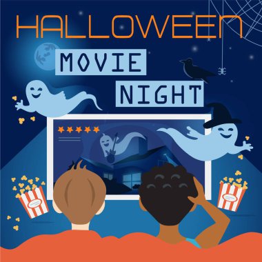 Halloween Movie Night Illustration, vektör kare kapağı. Çocuklar televizyonda korkunç videolar izler, hayaletler, balkabağı, kuzgun, perili ev ve dolunay. Broşür, parti için davet şablonu.