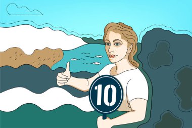 Psihologycal Illustration about self-confidence, pride, courage, confidence. Girl in on travel in mountains above sea, conquered heights clipart