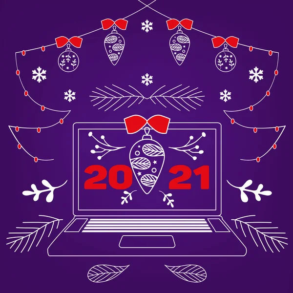 Laptop, notebook with Merry Christmas and 2021 Happy New Year email card, web page cover. Square Xmas illustration