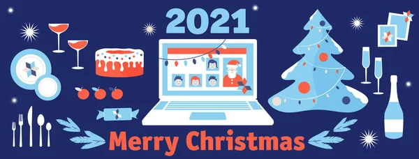 2021 Счастливого Рождества Ноутбук Ноутбук Онлайн Чатом Санты Веб Страница — стоковый вектор