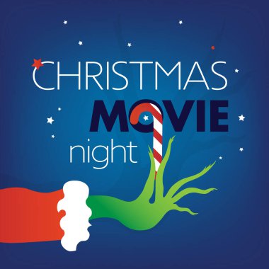 Noel Film Gecesi mesajı, mavi kare arka planda Grinch yeşili. Resimler, web sitesi kapağı, broşür, parti için davetiye şablonu