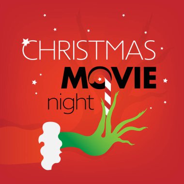 Noel Film Gecesi mesajı, kırmızı kare arka planda Grinch yeşili. Vektör İllüstrasyonu, web sitesi Kapağı, broşür, parti için davet şürü