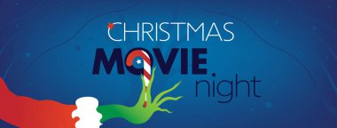 Noel Film Gecesi Facebook Kapağı, Kırmızı arka planda Grinch yeşili. Resimler, web sitesi ilanı, parti için davetiye şablonu