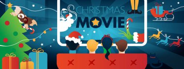Noel filmi Facebook kapağı, çocuk televizyonu partisi. Noel Baba, Grinch, Gremlin, kızak, mavi arka planda ren geyiği. Vektör İllüstrasyonu, web sitesi broşürü, davet şürü