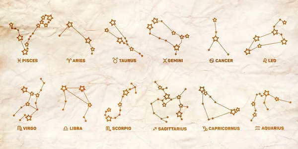 Set Signos Del Zodíaco Vintage Estrellas Constelaciones Color Dorado Sobre — Foto de Stock