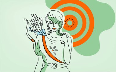 Zodiac, Yay Takımyıldızları, Okçu Kız 'ın ok ve yayla çizgi film çizimi, hedefi vur konsepti, peri kuyruğu tarzı fantezi.
