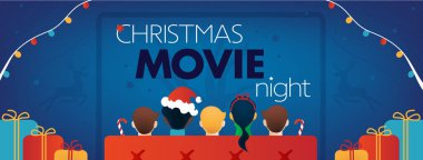 Noel Film Gecesi Facebook kapağı, Çocuk TV partisi. Çocuklar, hediyeler, kanepe, ekran, mavi arka planda ren geyiği. Vektör İllüstrasyonu, web sitesi broşürü, davet şürü