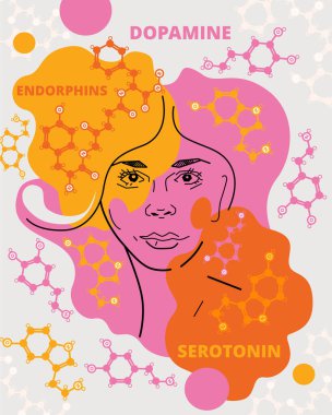 Kadın yüzü ve nörotransmiter, serotonin, dopamin ve endorfin yapıları. İyi ruh hali ve mutluluğun fizyolojisi hakkında soyut çizimler.