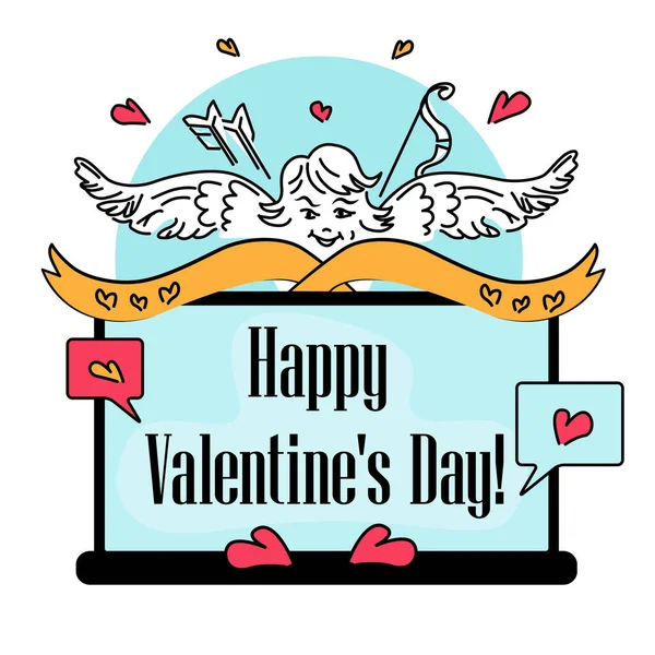 Angel Network Laptop Happy Valentine Day Text Online Chat Vector — Stock Photo, Image