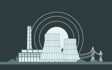 Soğutma kulesi buhar kullanarak elektrik ısıtması üretmek için enerji üretiyor. Termal Santral, Nükleer Santral, Nükleer Reaktör ve Enerji Hatları. İllüstrasyon, Karanlık Arkaplan Banner