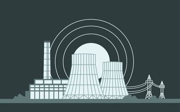 Cooling tower producing energy to generate electricity heating using steam. Thermal Power Station, Nuclear Plant, Nuclear Reactor and Power Lines, Vector Illustration, Banner on Dark background