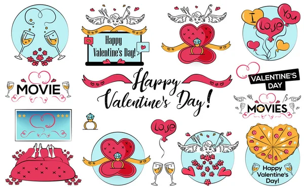 バレンタインデーのセット 漫画スタイル ステッカー ポストカード ウェブカバー バナーのイラスト リング テキストと風船私はあなたを愛し カップルのための心の形をしたピザ — ストック写真