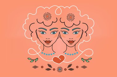 Gemini burcu, Pembe arka plan, logo, dövme ve resimde takımyıldızları işaretler. Kızların gücü, iki yüzü ve peri stili fantezi süsleri.