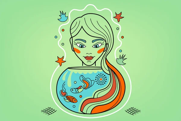 Pisces Constellation, zodiac sign, Fish lover girl with aquarium, tank on green background, illustration, logo.