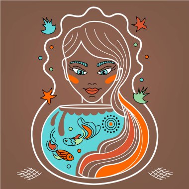 Balık burcu, burç burcu, akvaryumlu balık sever kız, kahverengi arka planda akvaryum. Resim, logo..