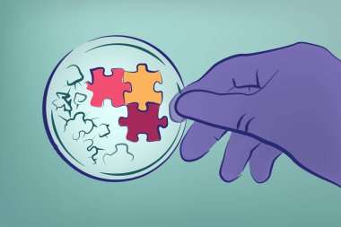 Biyoteknolojinin vektör ilüstrasyonu, tıbbi ilaç gelişimi, laboratuvar camının kalıbı, bilim ve tıp alanında bulmacalı soyut fikir
