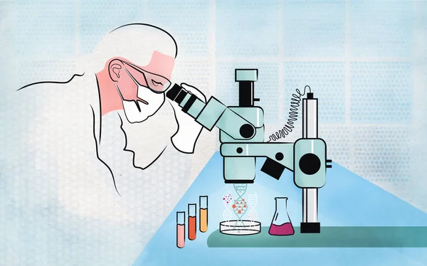 Biotechnology studying DNA illustration. Scientist looks through microscope