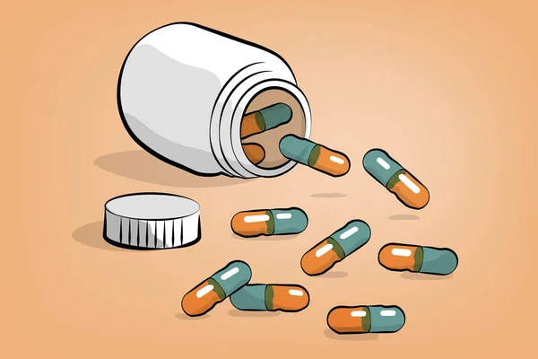 Handful of medicines in capsules, packaged in a jar, white bottle, scattered on the table. llustration, cartoon style