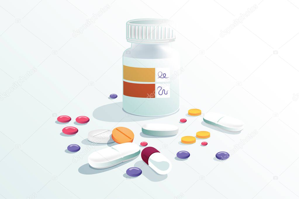 Pharmaceutical illustration of bottle with pills and drugs addictive, dangerous medicine.