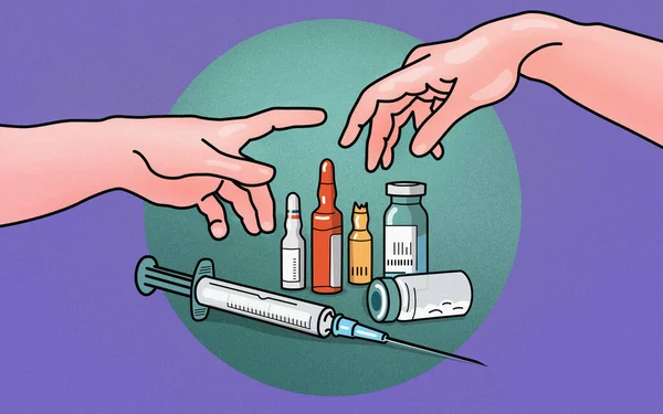 Plastic medical syringe with needle and vials, hands illustration in line-art style, concept of vaccination, medicament, drug injection.